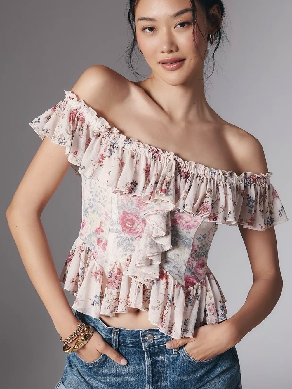 Anthropologie Floral Off-Shoulder Ruffle Peplum Top - Blush Pink
